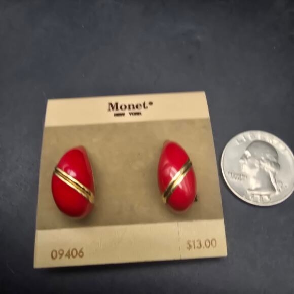 Monet Red Enamel Half Hoop Clip On Earrings On Card NOS Vintage - Picture 3 of 6